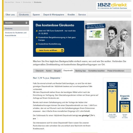1822direkt Girokonto mit Dispokredit und recht günstigen Dispozinsen (Screenshot www.1822direkt.com/girokonten/girokonto/dispokredit/ am 07.12.2012)