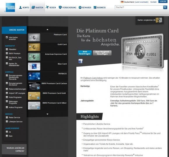 American Express Platin Kreditkarte (Screenshot www.americanexpress.com/de/content/platinum-card/ am 27.11.2012)