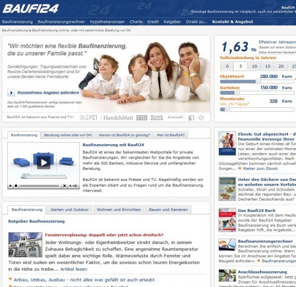 Anbieter wie Baufi24.de versprechend Hilfe bei der Suche nach einer vergleichsweise günstigen Baufinanzierung (Website Screenshot www.baufi24.de am 09.01.2012)