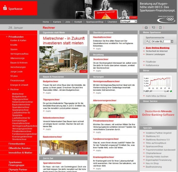 Baukredit-Rechner und andere Kreditrechner der Sparkasse wie z.B. der Budgetrechner, Tilgungsrechner und Nebenkostenrechner helfen bei der Planung des Vorhabens "Eigenheim statt Miete" (Screenshot http://www.sparkasse.de/privatkunden/rechner/ am 28.01.2013)