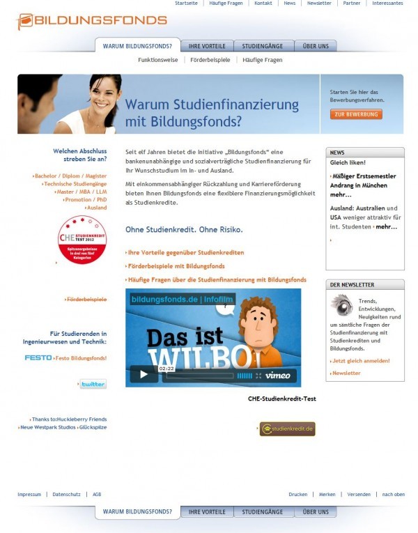 Bildungsfonds: Weitere Informationen zu dieser Art der bankenunabhängigen und sozialverträglichen Studienfinanzierung findet man unter www.bildungsfonds.de (Screenshot 20.06.2013)