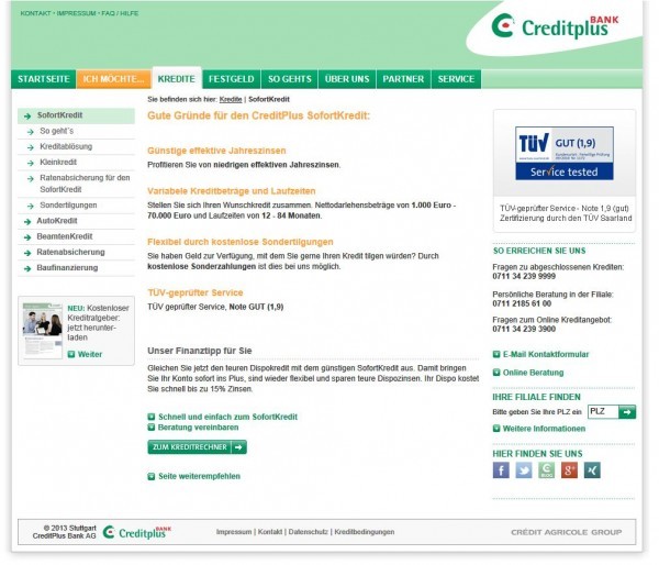 Creditplus Sofortkredit - Website Screenshot http://www.creditplus.de/kredite/sofortkredit/ am 26.02.2013