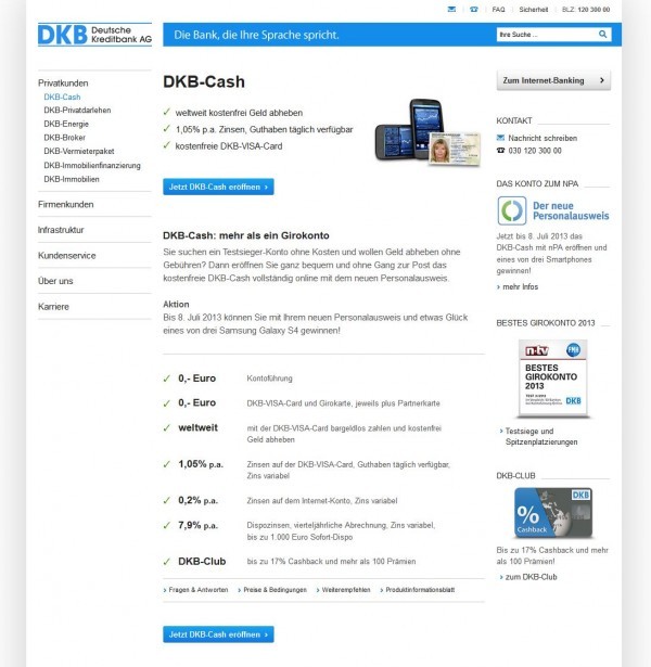 DKB Cash Girokonto (Screenshot www.dkb.de/privatkunden/dkb_cash/ am 21.06.2013)