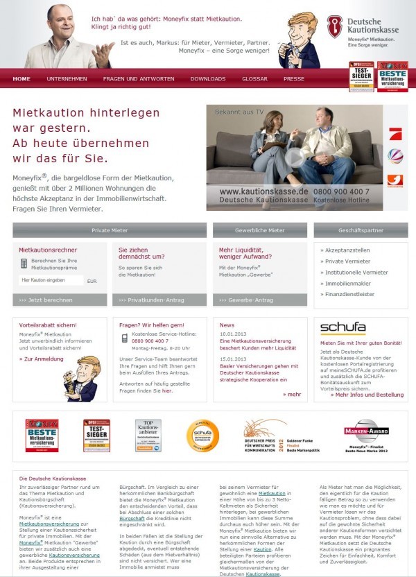 Deutsche Kautionskasse: Moneyfix Mietkaution - Mietkautionsbürgschaft statt Barkaution (Screenshot kautionskasse.de am 04.03.2013)