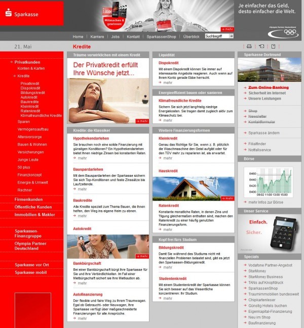 Die Rubrik Kredite bei Sparkasse.de (Screenshot www.sparkasse.de/privatkunden/kredite/ am 21.05.2013)