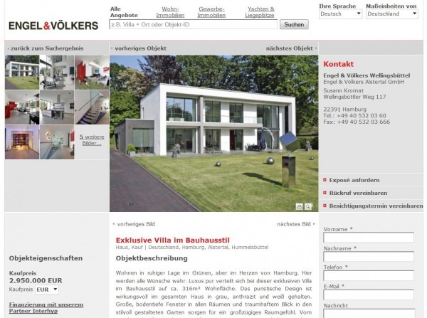 Engel Völkers: Auf diese moderne Villa in Hamburg zum Kaufpreis von knapp 3 Mio EUR kommen noch 6,25% Maklerprovision hinzu (Screenshot www.engelvoelkers.com/de/hamburg/alstertal/hummelsbuettel/exklusive-villa-im-bauhausstil-w-01gnge-2456510.667628_exp/ am 15.07.2013)