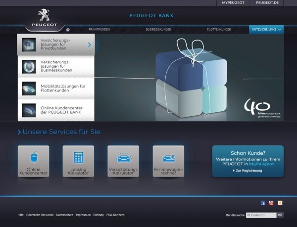 Auto-Finanzierung über die Peugeot Kredit Bank (Screenshot http://finanzierung.peugeot.de/ am 24.05.2013)