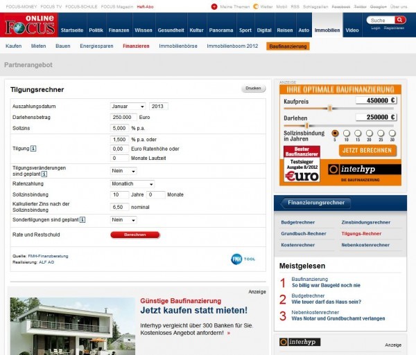 Focus Money Baukreditrechner: Tilgungsrechner inkl. Berücksichtigung von Sondertilgungen (Screenshot http://tilgung.focus.de/rechner3/focus/tilgungsrechner/ am 28.01.2013)