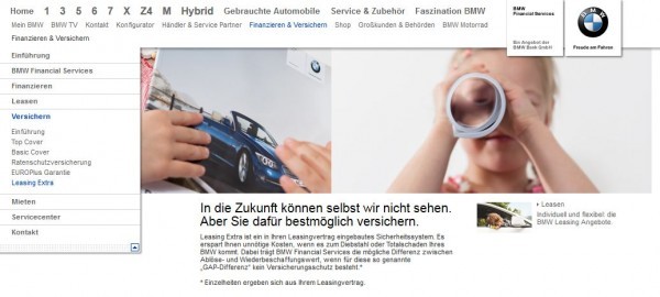 Bei der Autoversicherung über die BMW Bank verkauft man die GAP-Deckung unter dem Namen 'Leasing extra' (Screenshot bmw.de vom 29.10.2012)