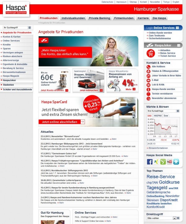 HASPA - Die Hamburger Sparkasse online (Screenshot www.haspa.de/ am 24.05.2013)