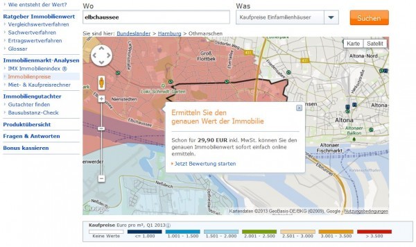 Immobilienscout24 Immobilien-Wert-Ermittlung: Unter http://www.immobilienscout24.de/immobilienbewertung/immobilienpreise.htm kann man für 29,90 EUR ebenfalls eine fundierte Wertschätzung für ein konkretes Objekt bzw. einzelne Regionen erhalten (Screenshot am 15.07.2013)