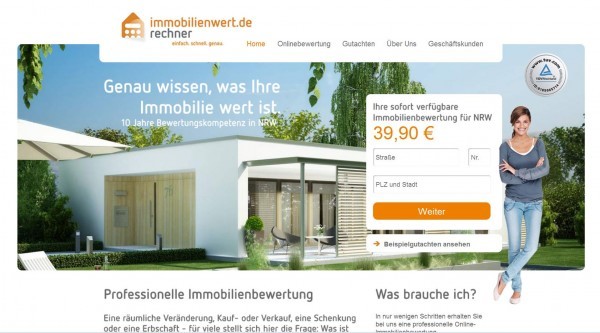 Immobilienwertrechner: Unter www.immobilienwert.de/ (Screenshot vom 15.07.2013) kann man sich für einen Pauschalpreis von 39,90 EUR ein Wertgutachten für die eigene oder gewünschte Immobilie erstellen lassen