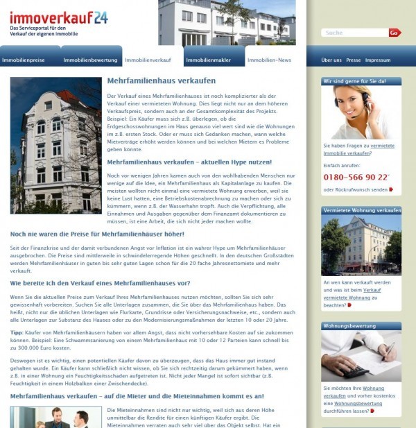 Auf Serviceportalen wie immoverkauf24 können sich Verkäufer Unterstützung für den Verkauf ihrer Immobilie holen (Screenshot http://www.immoverkauf24.de/immobilienverkauf/verkauf-kapitalanlage/mehrfamilienhaus/ am 09.01.2013)