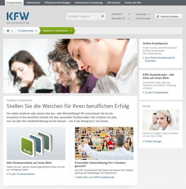 Eine Übersicht über die KfW Finanzierungsangebote rund um Studieren und Qualifizieren finden Interessenten unter www.kfw.de/inlandsfoerderung/Privatpersonen/Studieren-Qualifizieren/ (Screenshot 20.06.2013)