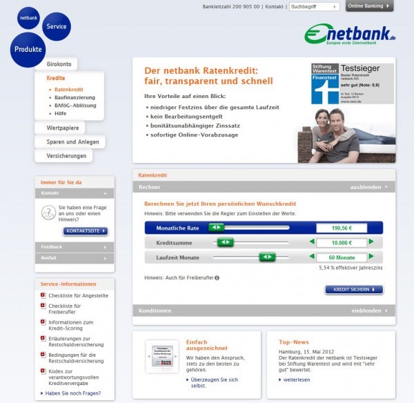 Netbank Ratenkredit: Mit dem Kreditrechner der Netbank ist es möglich, im Zusammenspiel der verschiedenen Konditionen zwischen Kreditsumme, monatlicher Rate und Kredit-Laufzeit das individuell günstigste Darlehensszenario für sich zu konstruieren. Ein Test lohnt sich, um erste Erfahrungen zum möglichen Darlehensrahmen bzw. Kreditspielraum zu bekommen (Screenshot www.netbank.de/nb/ratenkredit.jsp am 10.04.2013)