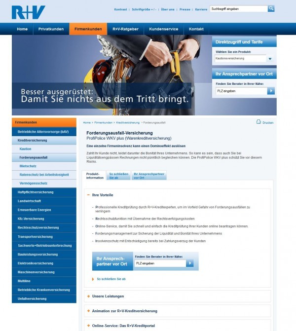 R+V Forderungsausfallversicherung (Screenshot www.ruv.de/de/firmenkunden/kreditversicherung/forderungsausfallversicherung/index.jsp am 24.05.2013)