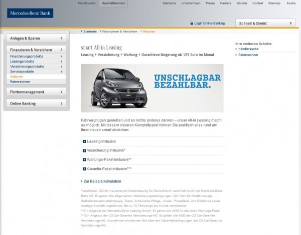 Smart All-in Leasing: Monatliche Rate inkl. KFZ-Versicherung (Screenshot http://www.mercedes-benz-bank.de/intrade/cms/GK_smart_All-in_Leasing.html?_rootCat=1 am 29.10.2012)