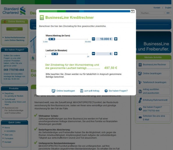 Standard Chartered Business-Line Kreditrechner (Screenshot der Website am 10.07.2012)