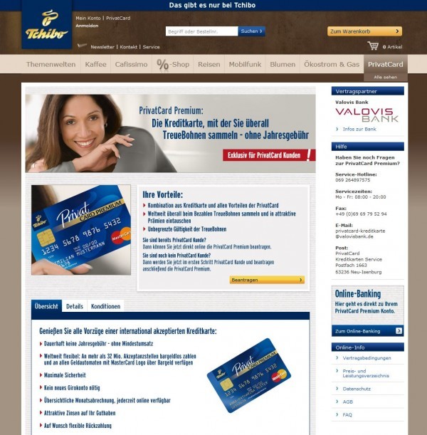 Tchibo Kreditkarte: Derzeit bewirbt der Kaffeeröster v.a. eine Kreditkarten-Kooperation (02.12.2013, Screenshot www.tchibo.de/kreditkarte-fuer-privatcard-kunden-bei-tchibo-c400004670.html)