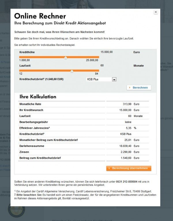 Volkswagen Bank Direkt Kredit Kreditrechner (Screenshot www.volkswagenbank.de/de/privatkunden/Produkte/kredite_und_finanzieren/direkt_kredit/auf_einen_blick.html am 08.04.2013)