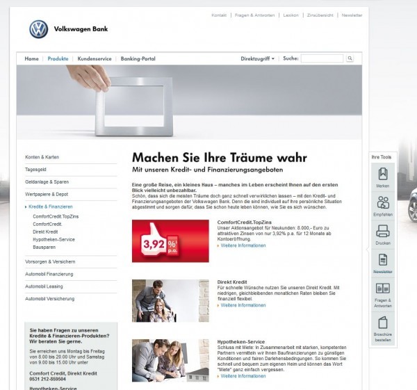 Volkswagen Bank: Angebotene Kredite in der Übersicht (Screenshot www.volkswagenbank.de/de/privatkunden/Produkte/kredite_und_finanzieren.html am 08.04.2013)