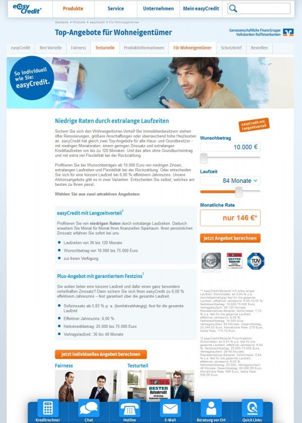 easyCredit wirbt für seine 'Top-Angebote für Wohneigentümer' (Screenshot www.easycredit.de/easyCredit-fuer-Wohneigentuemer.htm)