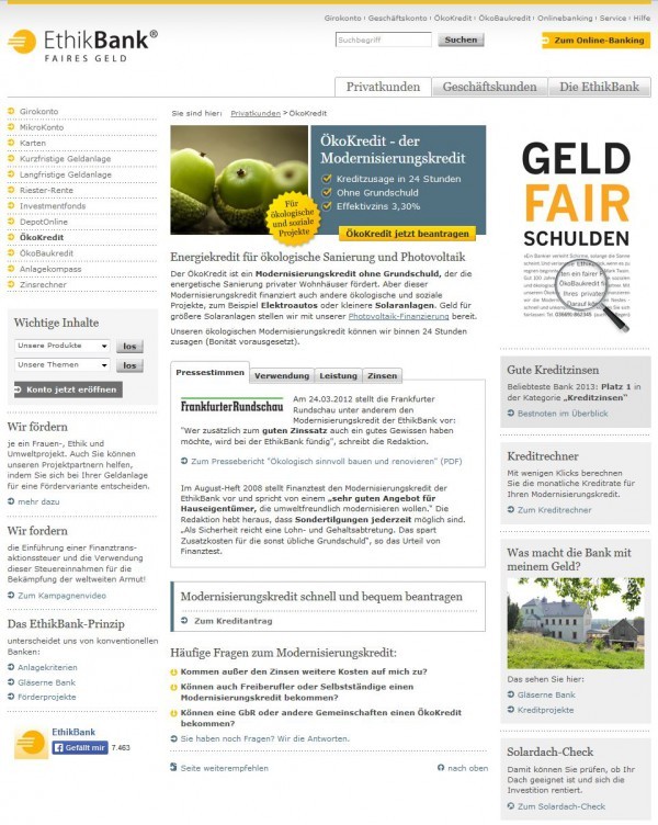 ÖkoKredit - der Modernisierungskredit der EthikBank (Screenshot http://www.ethikbank.de/privatkunden/oekokredit.html am 27.07.2014)