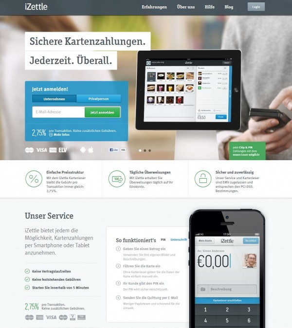 iZettle Homepage (Screenshot www.izettle.com/de/ am 08.03.2013)