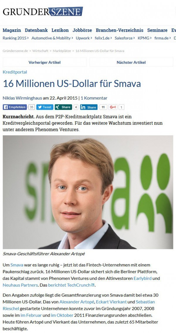 2015 erhielt Smava weitere 16 Millionen EUR Kapital. Investoren haben damit inzwischen rund 30 Mio. in das FinTech-Unternehmen gesteckt, das trotz viel guter Arbeit noch immer keinen Gewinn abwirft (Screenshot http://www.gruenderszene.de/allgemein/smava-16-millionen)