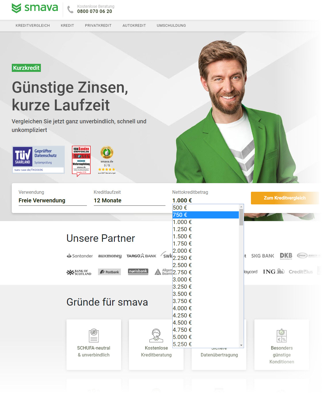 750 EUR für kurze 12 Monate beantragen? Beim Kredit-Marktplatz SMAVA kann man das relativ einfach realisieren (Screenshot smava.de/kredit/kurzkredit/ vom 09.07.2019