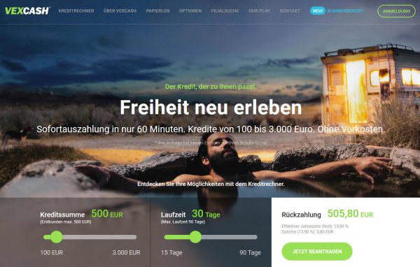 Kurzkredite / Kleinkredite via VEXCASH: 100 bis 3.000 EUR für z.B. 30 Tage leihen (Screenshot vexcash.com am 24.02.2018)